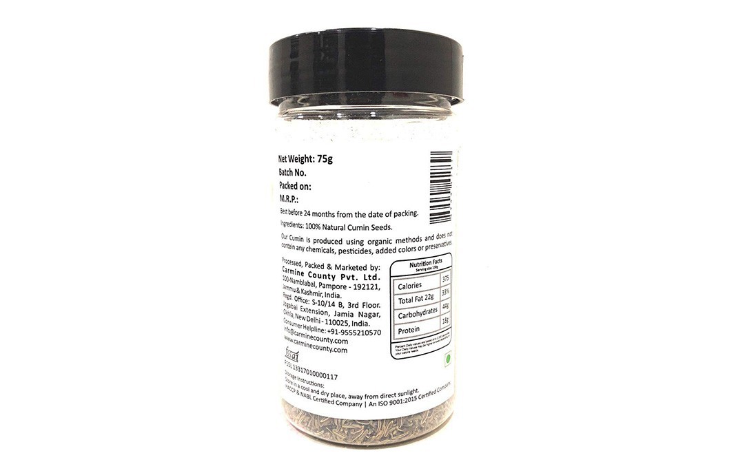 Carmine County Kashmiri Cumin Seeds    Jar  75 grams
